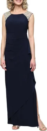 Alex Evenings Embroidered Body-Con Gown in Navy Gold at Nordstrom, Size 10