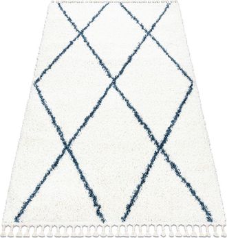 RugsX Rugsx - Carpet union 3683 Trellis cream / blue Fringe Berber Moroccan shaggy white 140x190 cm