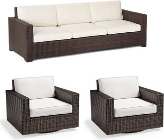 Frontgate Palermo 3-pc. Sofa Set with Two Swivel Lounge Chairs in Bronze Wicker - Standard, Air Blue with Natural Piping - Frontgate