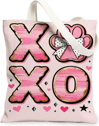 Generic ValentineS Day Hearts Canvas Tote Bags, Cute Love Pattern Reusable Grocery Bags, Lightweight Washable Shoulder Strap, Peach, 13x15 Inch