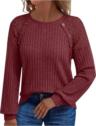 Generic Jumpers for Women Long Sleeve Tops Fall Elegant Jumper for Womens Tunic Pullover Crew Neck Slim Fit Lace Hollow Out Knitted Sweaters Soft Trendy Vacat