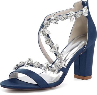 Generic Bridal Heeled Sandals Womens Chunky Block Open Toe Wedding Prom Party Evening Homecoming Dress Shoes 8.5Cm,Dark Blue,10 UK