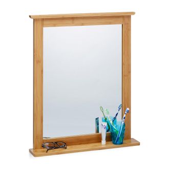 Relaxdays Relaxdays - Espejo De Pared Bamb&uacute;, Grande, Con Balda, Colgante, Marco De Madera, Para Ba&ntilde;o O Sal&oacute;n, Marr&oacute;n Natural