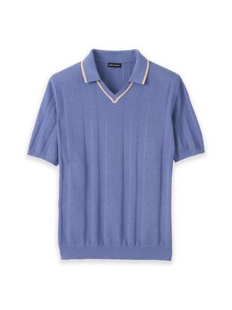 Paul Fredrick Cotton Crochet V-neck Polo in Blue at Nordstrom, Size Xx-Large