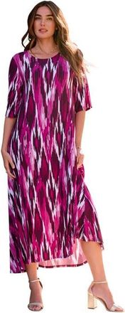 Roaman's Plus Size Stretch Knit High Low Short Sleeve Maxi Dress in Raspberry Verona Ikat at Nordstrom, Size 44