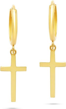 MAX + STONE 10k Yellow or White Gold Small Huggie Hoop Earrings with Dangle Cross