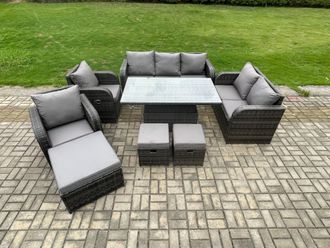 Fimous Wicker PE Rattan Outdoor Garden Furniture Sets Height Adjustable Rising lifting Dining Table Sofa Set with 3 Footstools in Dark Grey