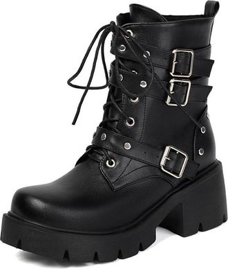 Generic Womens Black Patent Leather Ankle Boots Round Toe Chunky Platform Heels Studded Buckle Straps Comfortable Non-Slip Wear-Resistant for Nightclub Concer