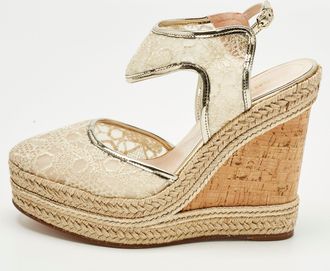 Nicholas Kirkwood Gold Lace And Leather Platform Wedge Ankle Strap Espadrilles