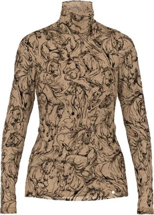 Marc Cain Equestrian Grace Mesh Polo Neck Fitted Top - Dames - Longsleeves - Bruin - XL - Tops