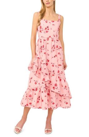 CeCe by Cynthia Steffe Floral Ruffle Detail Stretch Cotton Midi Dress in Coral Bloom at Nordstrom, Size 14