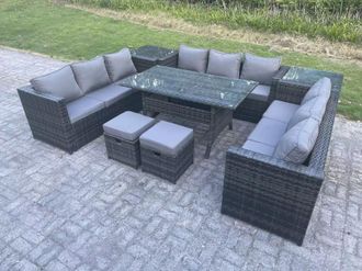 Fimous Outdoor PE Wicker Garden Furniture Rattan Lounge Sofa Set Patio Rectangular Table 2 Stool 2 Side Table 11 Seater in Dark Grey