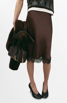 Mango Lace Trim Satin Midi Skirt in Brown at Nordstrom, Size X-Small