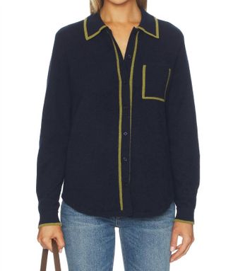 White + Warren Cashmere Tipped Button Shirt In Deep Navy/bright Olive