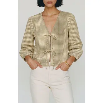 Vero Moda Camilla Tie Front Gingham Top in Fog Green Checks Willow at Nordstrom, Size Large