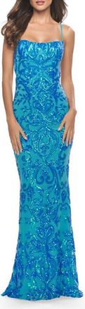 La Femme Print Sequin Gown with Square Neckline in Aqua at Nordstrom, Size 10