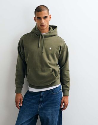 Polo Ralph Lauren felpa con cappuccio pesante con logo script stampato sul retro color khaki-Verde