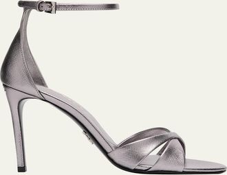 Prada 95mm Vernice Saffiano Leather Ankle-Strap Sandals
