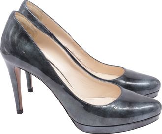 Prada Smoke-Print Platform Pumps in Black Patent Leather
