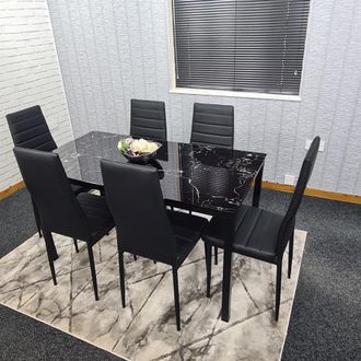 Kosy Koala Dining Table & 6 Chairs Black Marble Effect Glass 6 Leather Black Chairs Dining Room Furniture in Brown