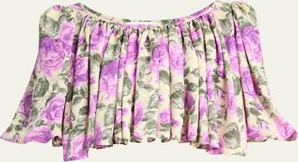 Chlo&eacute; Floral Silk Puff-Sleeve Ruffle Crop Top