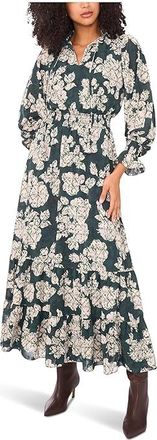 Vince Camuto Long Sleeve Smocked Waist Tiered Ruffle Womens Dress Forest Night : XL, Polyester