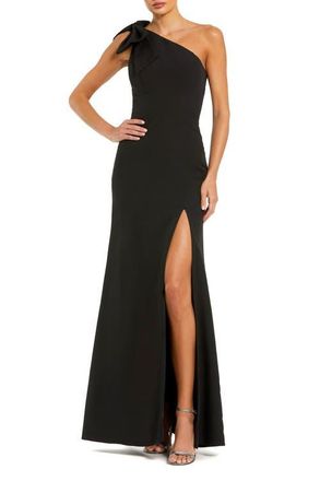 Mac Duggal Petite Crepe One Shoulder Gown With Bow in Black at Nordstrom, Size 12P
