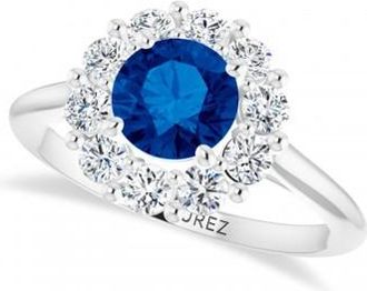 Allurez Round Lab Grown Blue Sapphire & Diamond Halo Ring 14K White Gold (1.71ct)