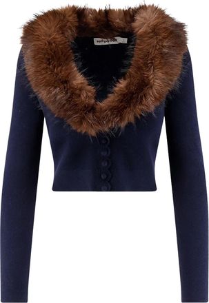 Self Portrait Cropped Faux Fur Collar Knit Cardigan