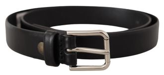 Dolce & Gabbana Mens Black Calf Leather Silver Tone Logo Buckle Belt