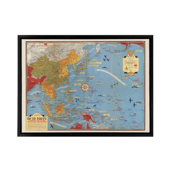 Artery8 Invasion Map 1944 War WWII On To Tokyo Framed Canvas Wall Art Print in Blue | Size: W24 x H32