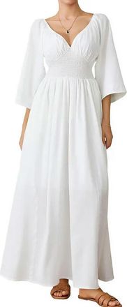 Generic Women 3/4 Sleeve Long Dress Evening Party Spring Autumn Clothes Chic and Elegant Casual Solid Color Flowing A-Line Dress-a-S