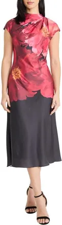 Maggy London Pleated Floral Print Cap Sleeve Satin Midi Dress in Black/Flame at Nordstrom, Size 12
