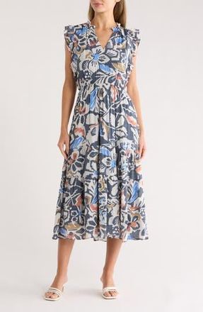 Sandra Darren Ruffle Sleeve Midi Dress in Black Multi at Nordstrom Rack, Size Large