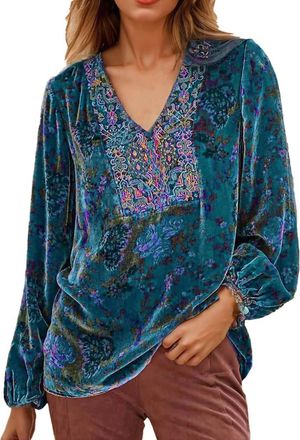 Generic Chiffon Tops for Women UK Womens V Neck Floral Print Velvet Shirt Casual Long Sleeve Top Blouse Oversized Boho Embroidered Tunic Shirts Cotton Linen T
