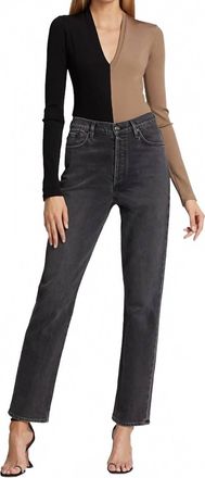 Gold Sign Rib Deep V-Neck Bodysuit In Tan/black