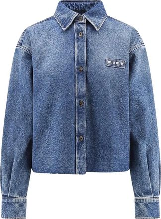 Miu Miu Denim Shirt met Logopatch - Dames - Spijkeroverhemden - Blauw - XS - Denim - Overhemden