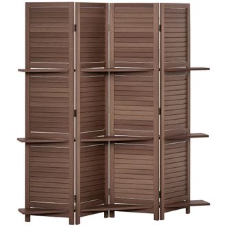 HOMCOM Homcom Biombo Plegable De 4 Paneles De Madera, 162x170 Cm, Biombo Separador De Ambientes Con 3 Estantes, Dise&ntilde;o De Persianas, Nogal