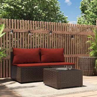 vidaXL Set Muebles De Jard&iacute;n 3 Piezas Y Cojines Rat&aacute;n Sint&eacute;tico Marr&oacute;n Vidaxl