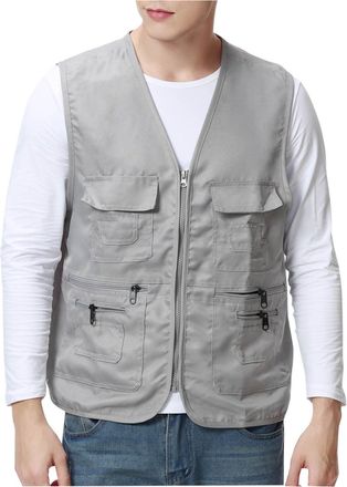 Generic Mens Gilets Casual V Neck Summer Body Warmers Cargo Sleeveless Vest Zip Up Holiday Jacket Outdoor Fishing Work Comfy Waistcoat Multiple Pockets Gray