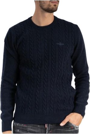 Aeronautica Gebreide Ronde Hals Trui - Heren - Sweatshirts - Blauw - XL - Wol - Hoodies & sweatvesten