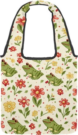 Generic Frogs Floral Reversible Canvas Shoulder Tote - Double-Sided Print, 12oz Cotton, 27cm Drop, Fold-Flat Bag for Travel, Shopping, Street Outings