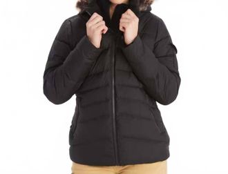 Marmot Ithaca Lightweight Faux Fur Trim Puffer Jacket In Black