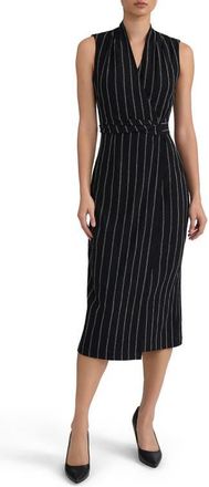 Kasper Pinstripe Sleeveless Midi Wrap Dress in Black/white at Nordstrom, Size 14