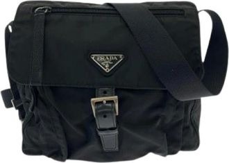 Prada Pre-owned Cross Body Bags, female, Black, Size: ONE SIZE Pre-owned Nylon Tessuto Triangle Logo Shoulder Bag