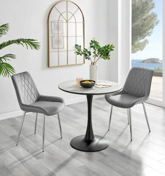 Furniturebox Elina White Marble Effect Scratch Resistant Dining Table & 2 Pesaro Silver Leg Velvet Chairs in Grey