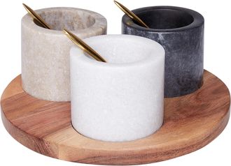 Beliani Bandeja Para Servir Con 3 Cuencos De M&aacute;rmol Madera De Acacia Acero Inoxidable Con Cucharillas Vajilla Multicolor Heraklion