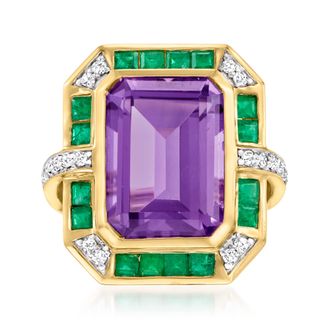 Ross-Simons Amethyst,. Emerald and. Diamond Ring in 14kt Yellow Gold