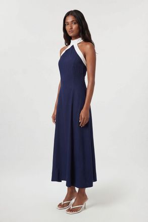 Karen Millen Womens Viscose Linen Woven Halter Neck Maxi Dress - Navy - Size 12 UK