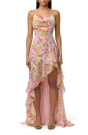Naked Wardrobe Floral Chiffon Halter High-Low Dress in Blush Bloom at Nordstrom, Size X-Small